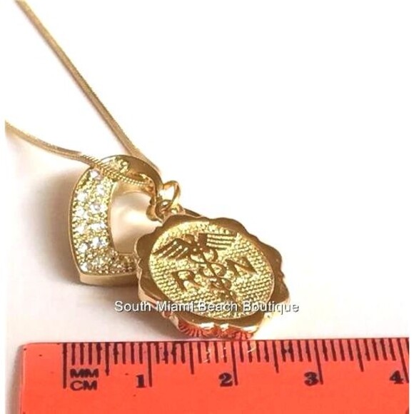 Nursing RN Caduceus Necklace Crystal Heart Nurse Graduation Gift Gold Plated - Picture 8 of 8